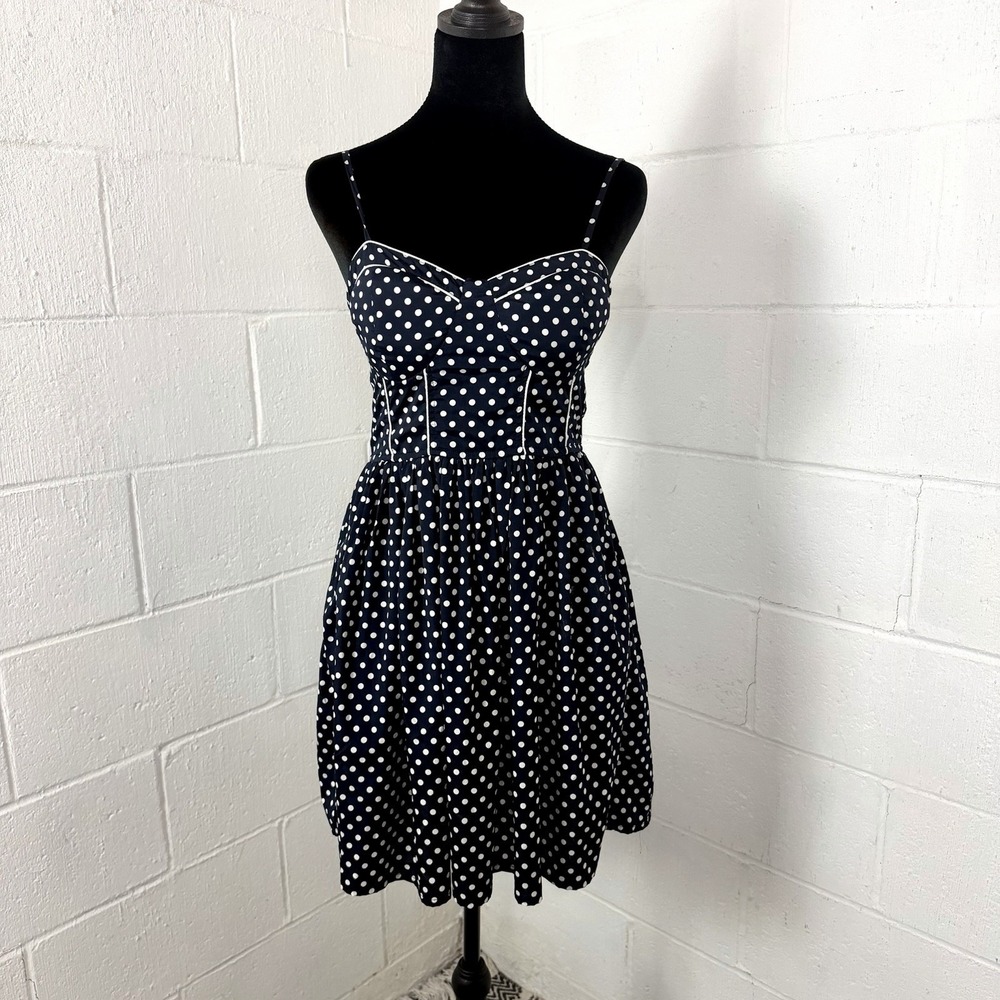 American Rag Babydoll Corset‎ Dress SZ S Blue Polka Dot Retro Glam Pin Up Preppy